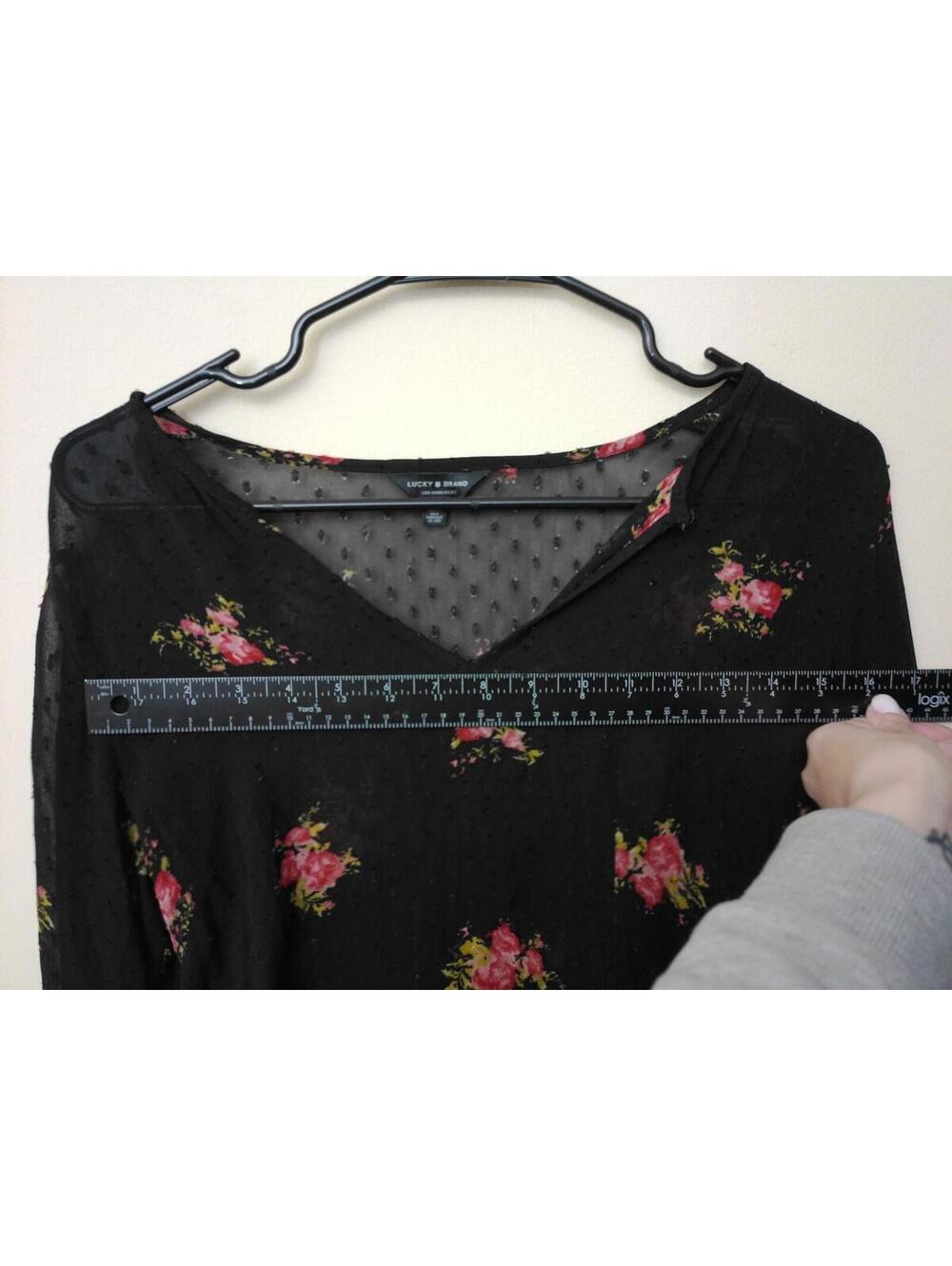 Lucky Brand Blouse Womens Black Floral Swiss Dot Sheer V-Neck Long Sleeve S - Picture 5 of 5